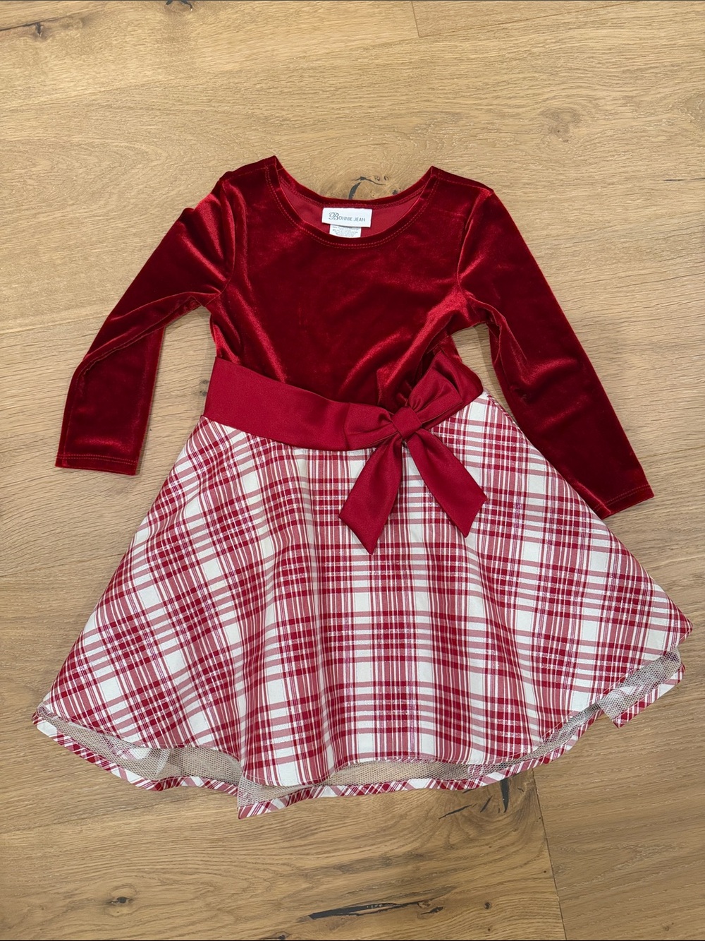 Bonnie Jean Red Velvet Top with Red & White Plaid Skirt Holiday Dress